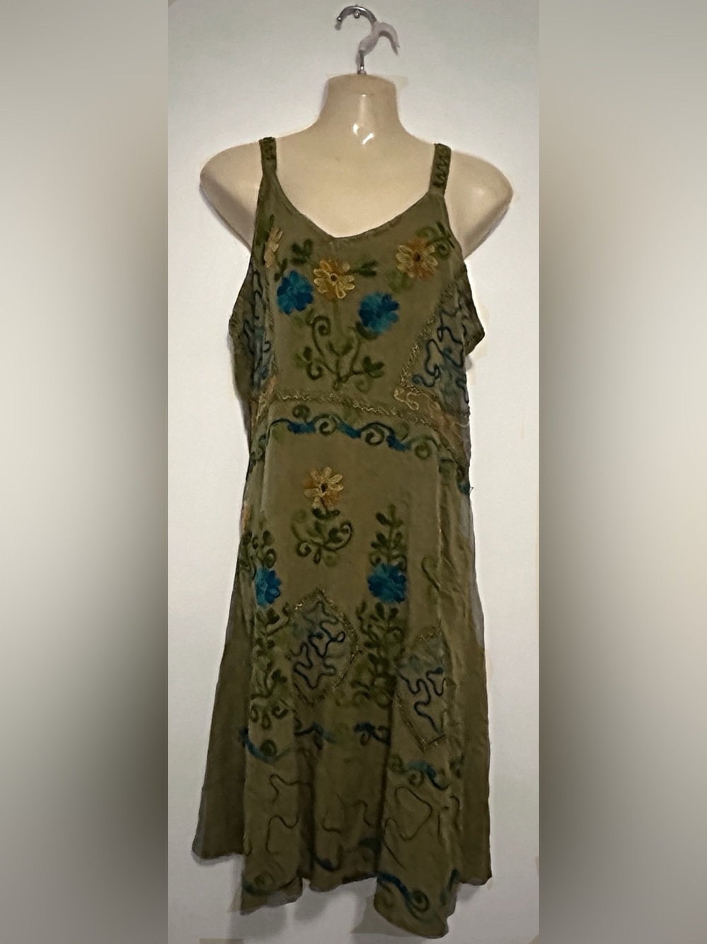 Olive Green Embroidered Floral Slip Dress